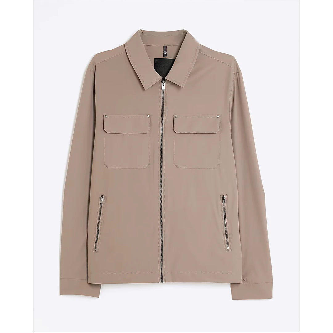 Beige jacket with zippers and pockets on a white background