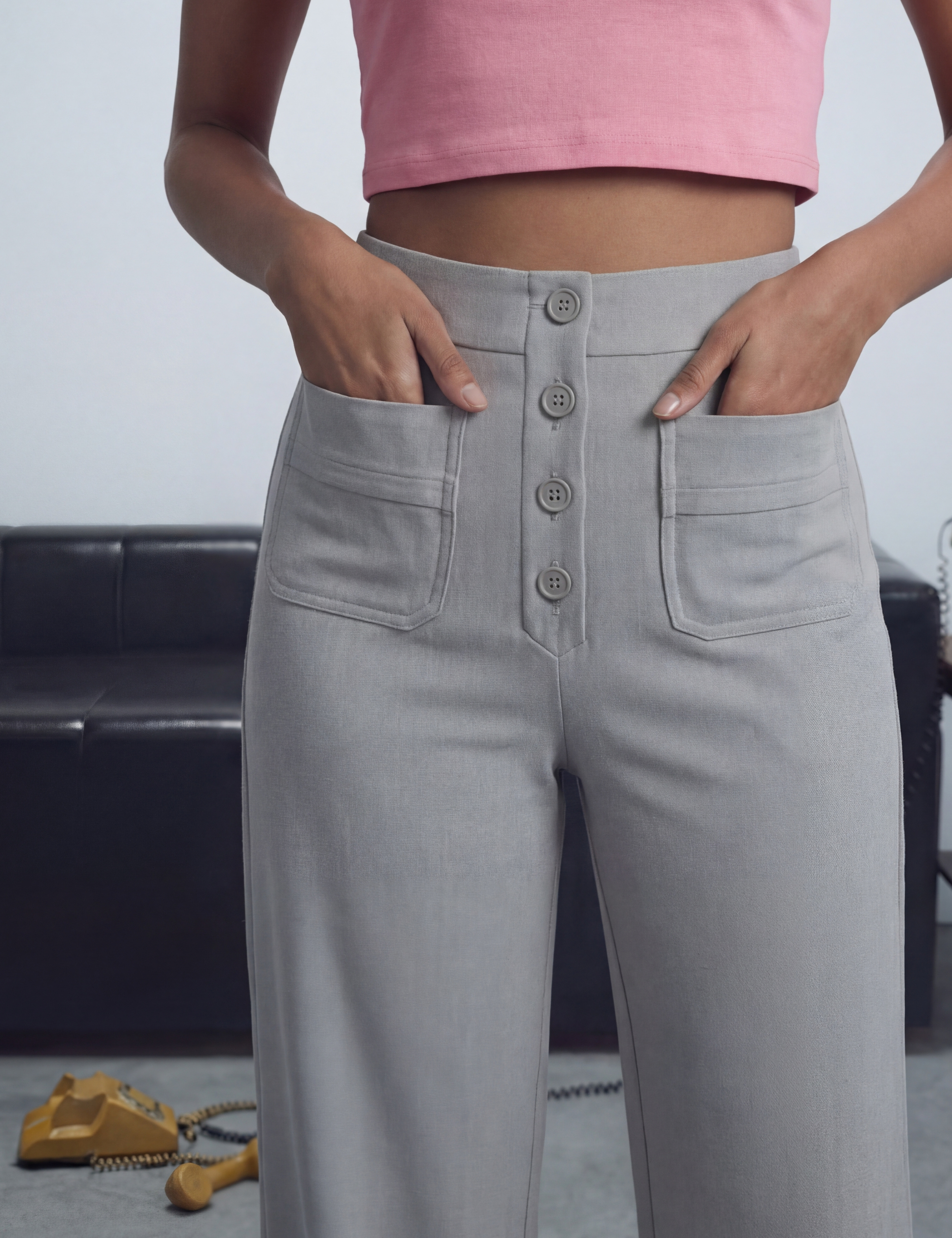 High Waisted Button Multiple Pockets Straight Leg Casual Pants