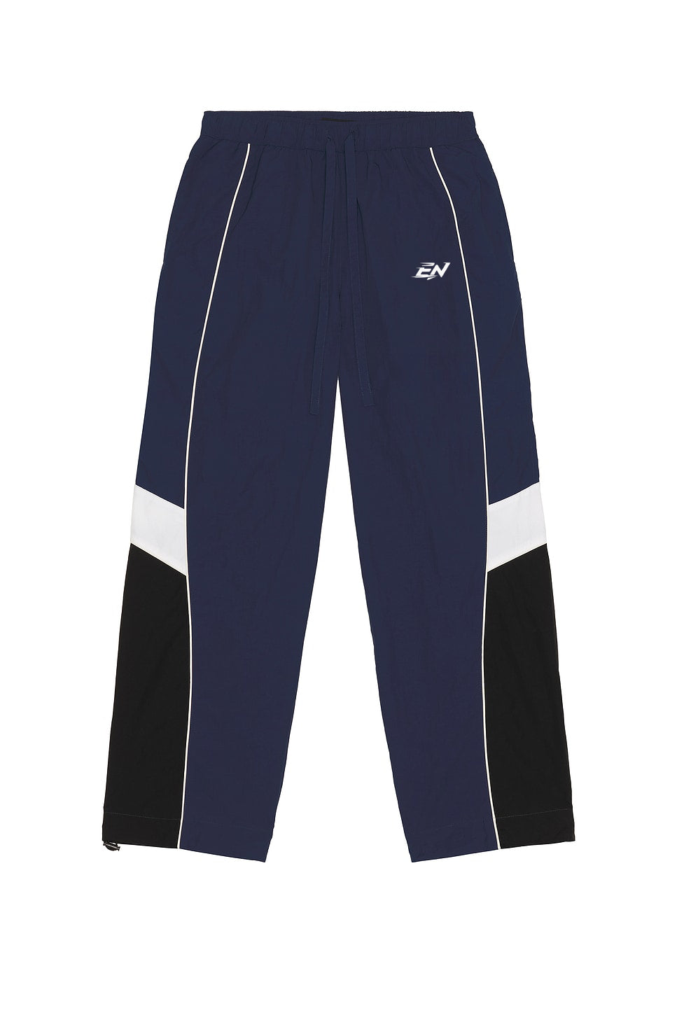 Navy blue athletic pants with white and black accents on a white background