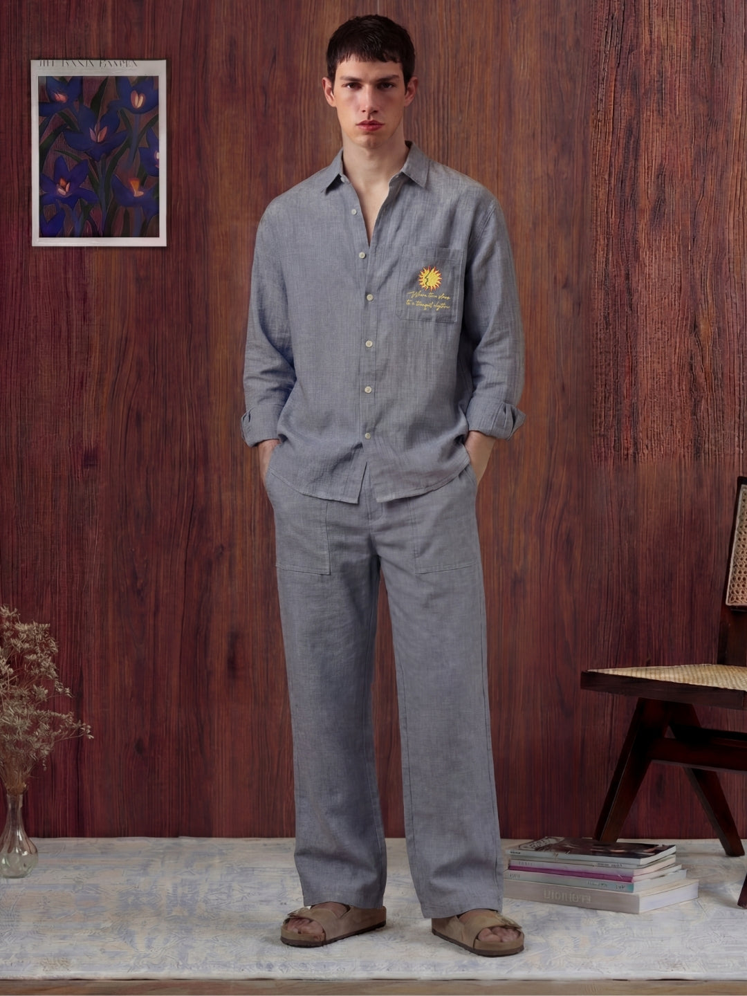 Charcoal linen shirt and pant outfit set, crafted from 100% breathable linen for effortless comfort. Pant with pockets and adjustable drawstring.
