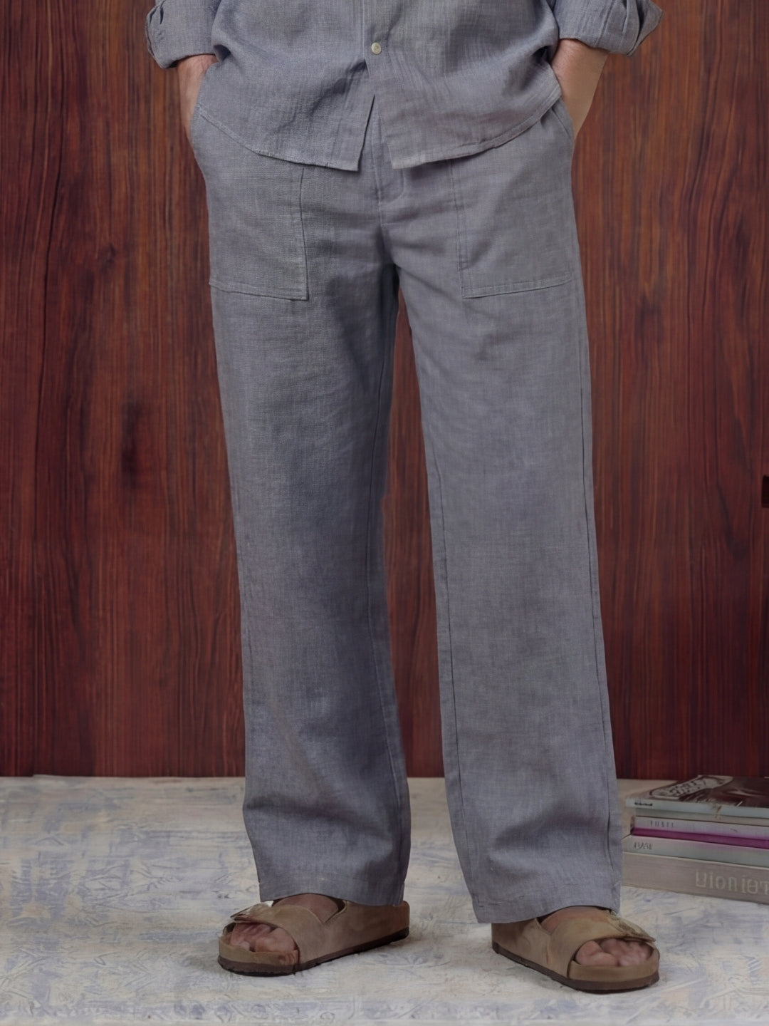 Charcoal linen shirt and pant outfit set, crafted from 100% breathable linen for effortless comfort. Pant with pockets and adjustable drawstring.