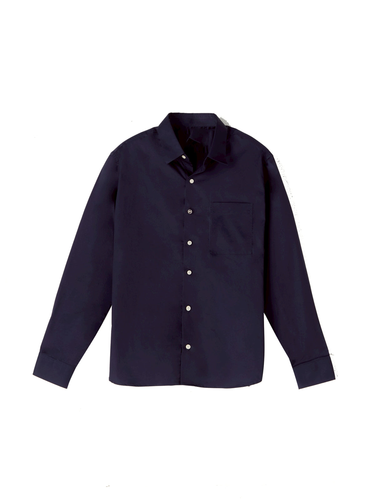 Navy blue button-up shirt on a white background