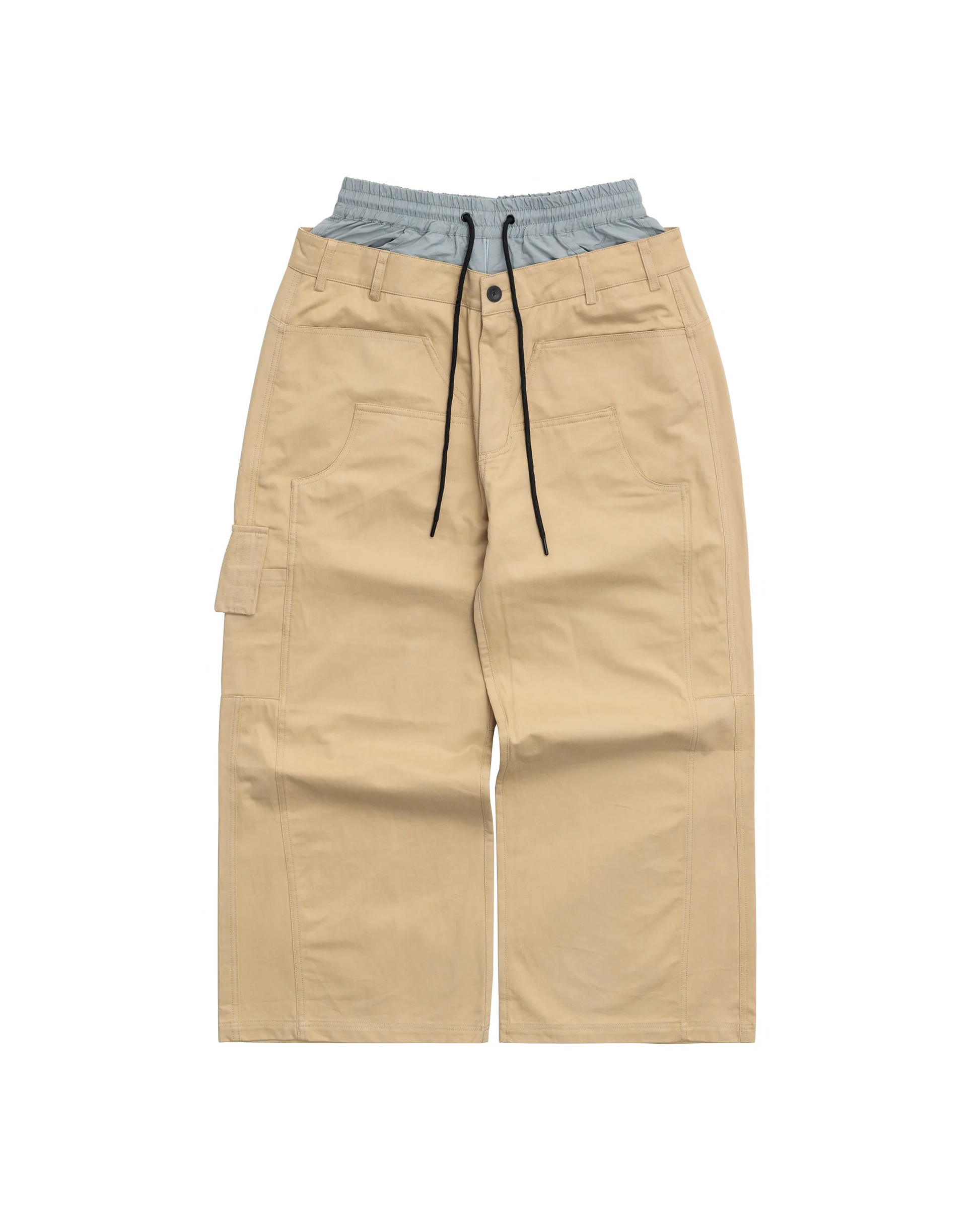 Beige cargo pants with a blue waistband on a white background