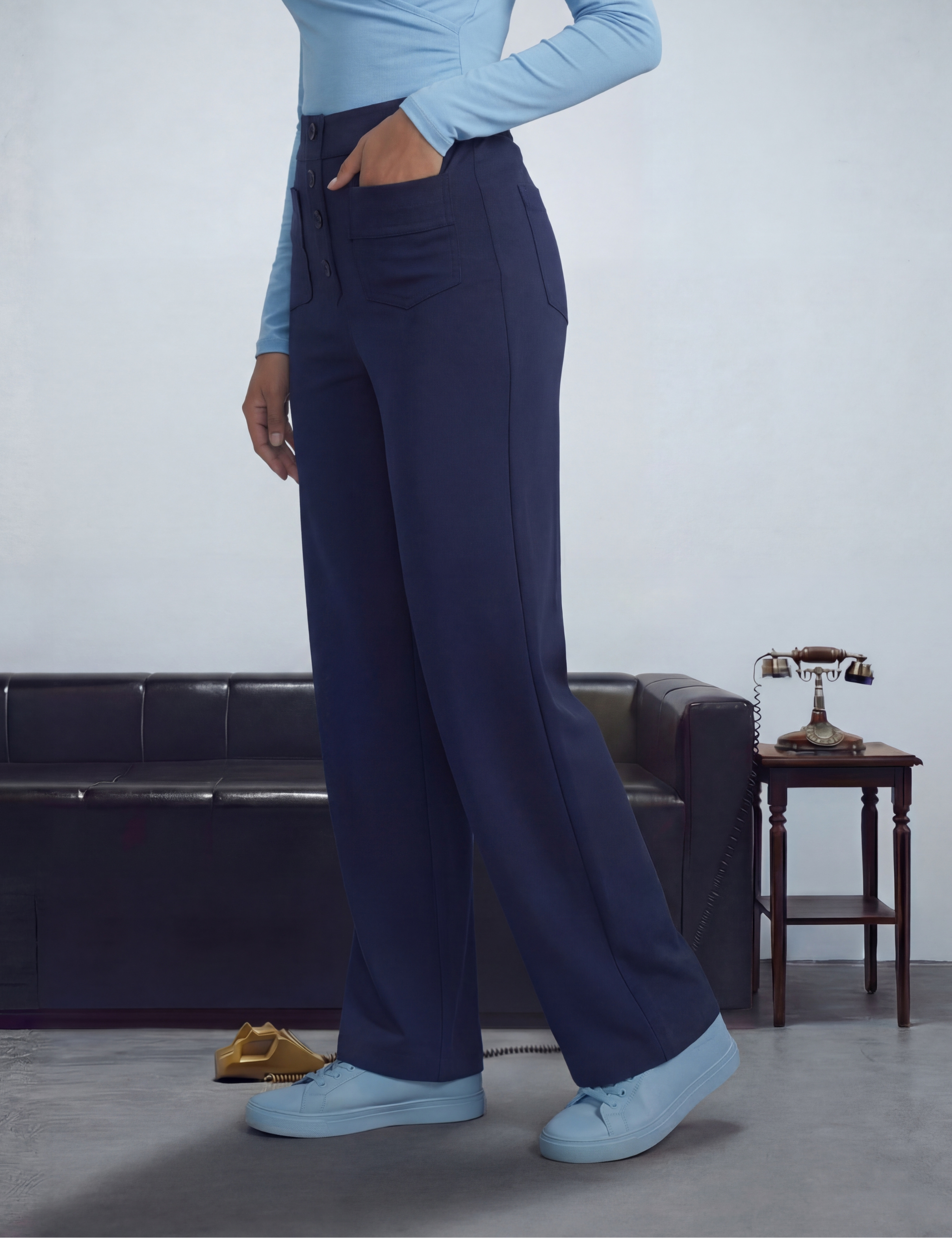 High Waisted Button Multiple Pockets Straight Leg Casual Pants