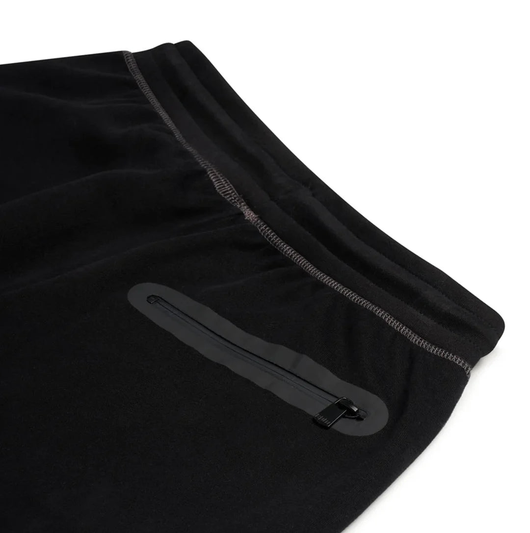 Close-up of black pants with a zipper on a white background