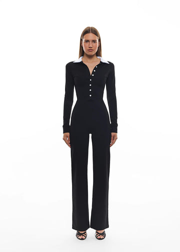White Collar Catsuit, featuring a contrast collar and sleek design, this all-in-one jumpsuit
