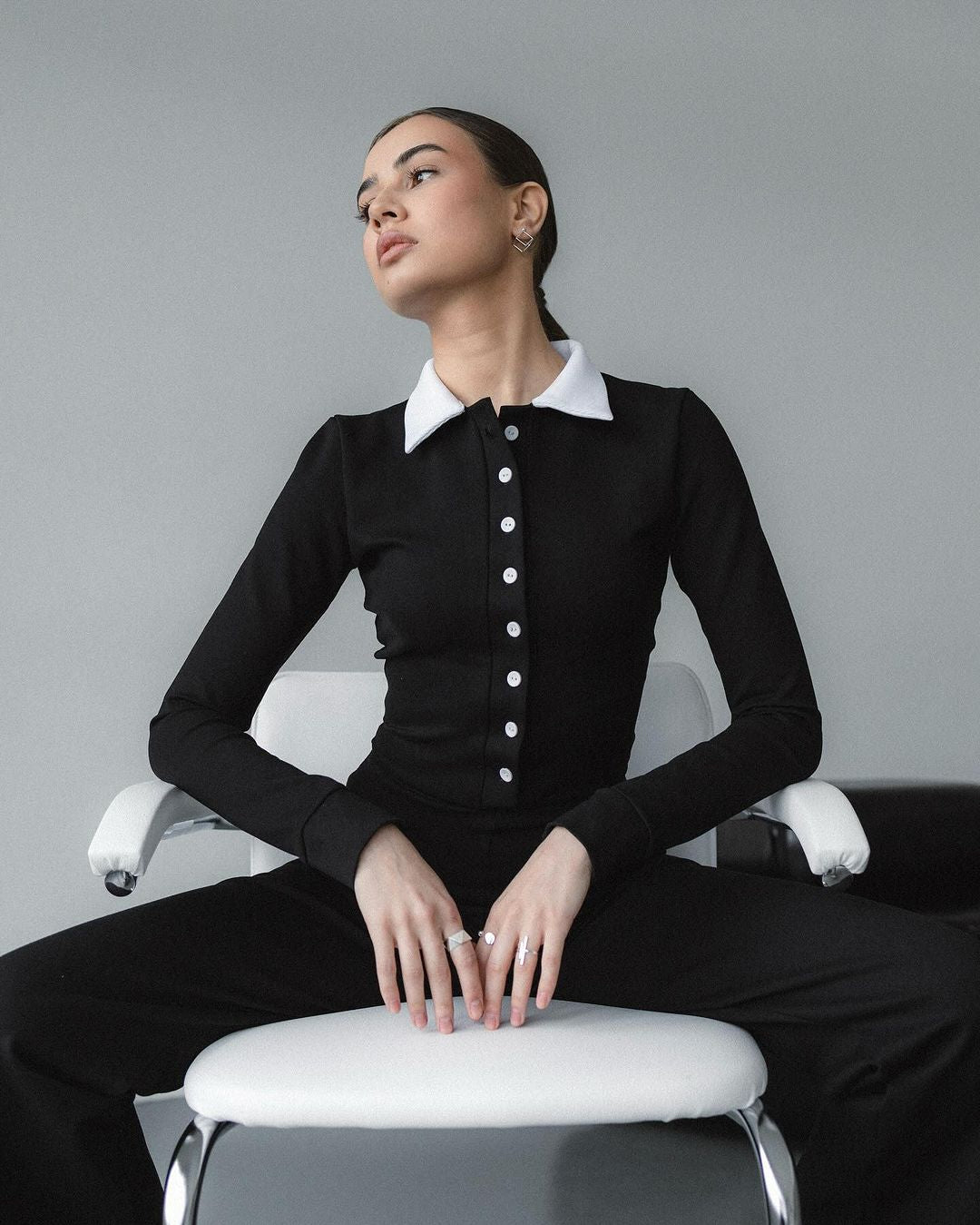 White Collar Catsuit, featuring a contrast collar and sleek design, this all-in-one jumpsuit