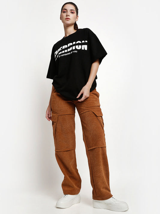 Brown Straight Fit Utility Corduroy Cargo Pants