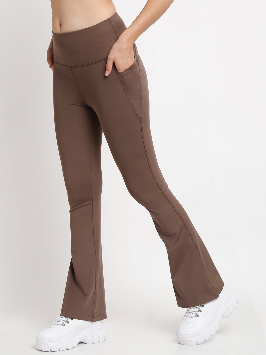 Brown Flare High Waisted Essential Pants With Pockets