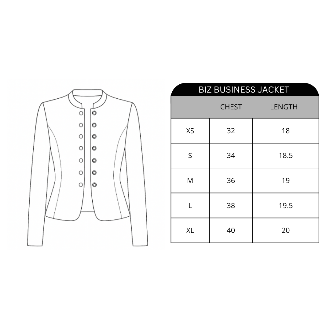 Biz Business Jacket with size chart on a white background