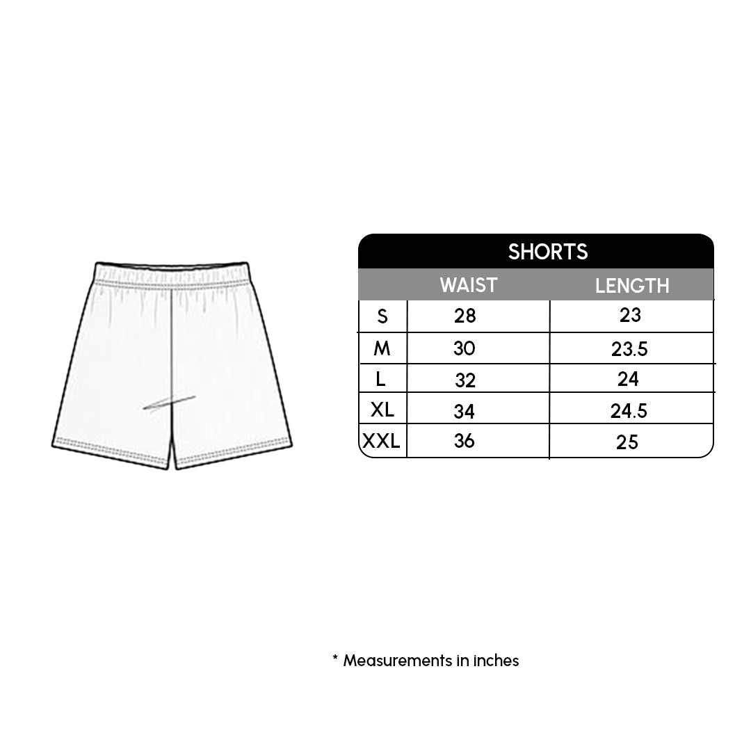 Measurement chart for shorts with a size chart on a white background