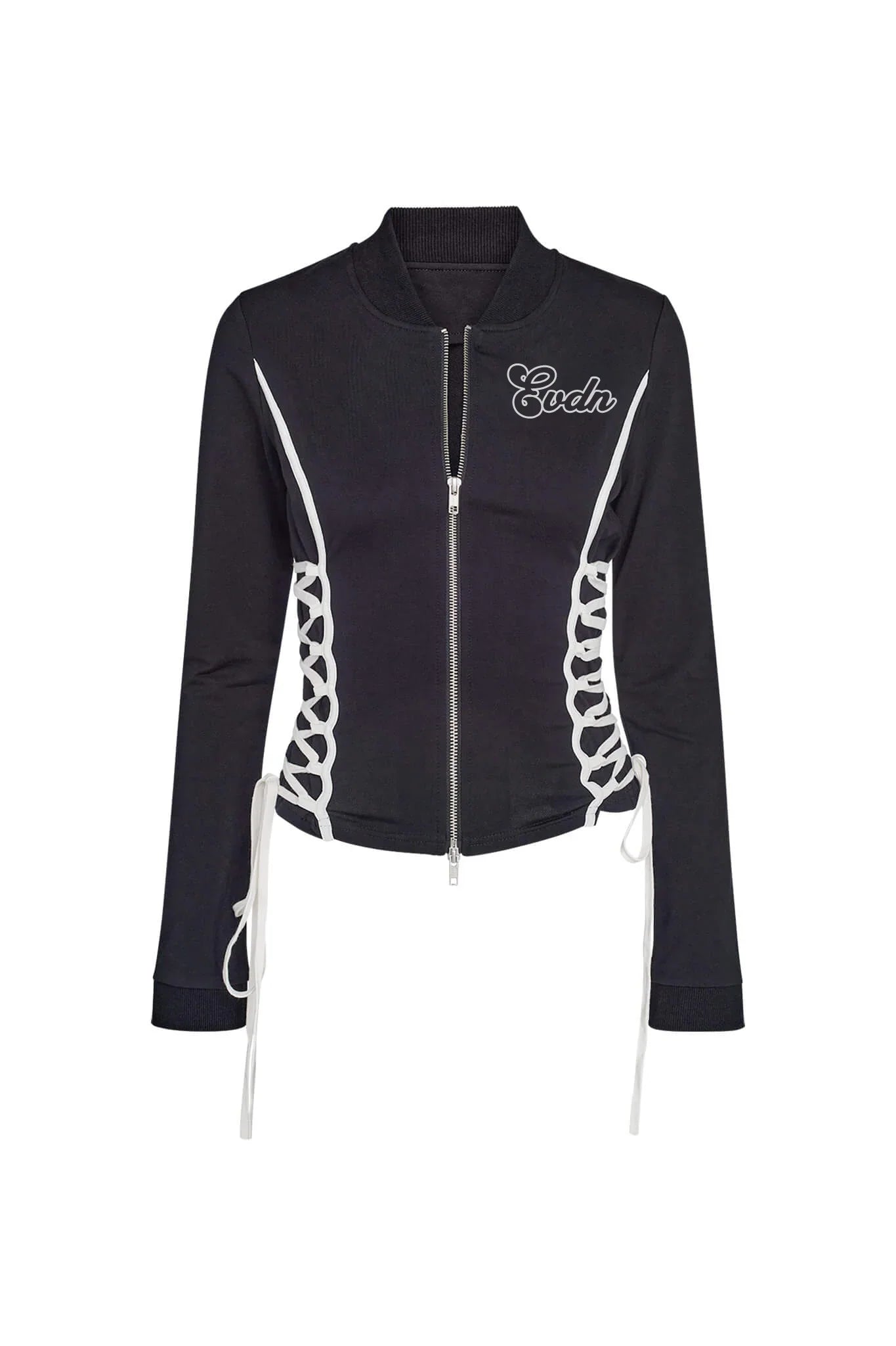 Black jacket with white lace details on a white background