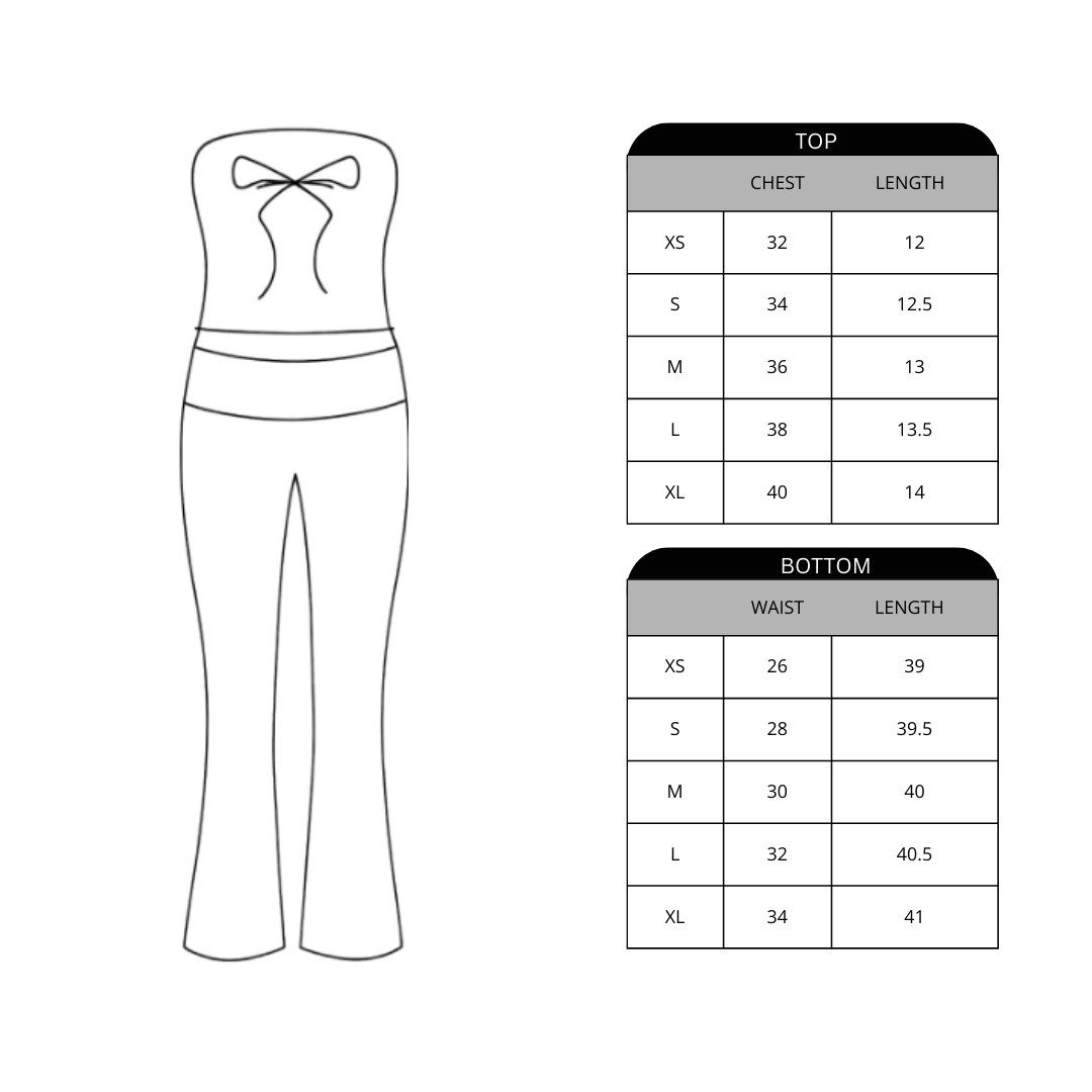 Measurement chart for top and bottom with size chart on a white background