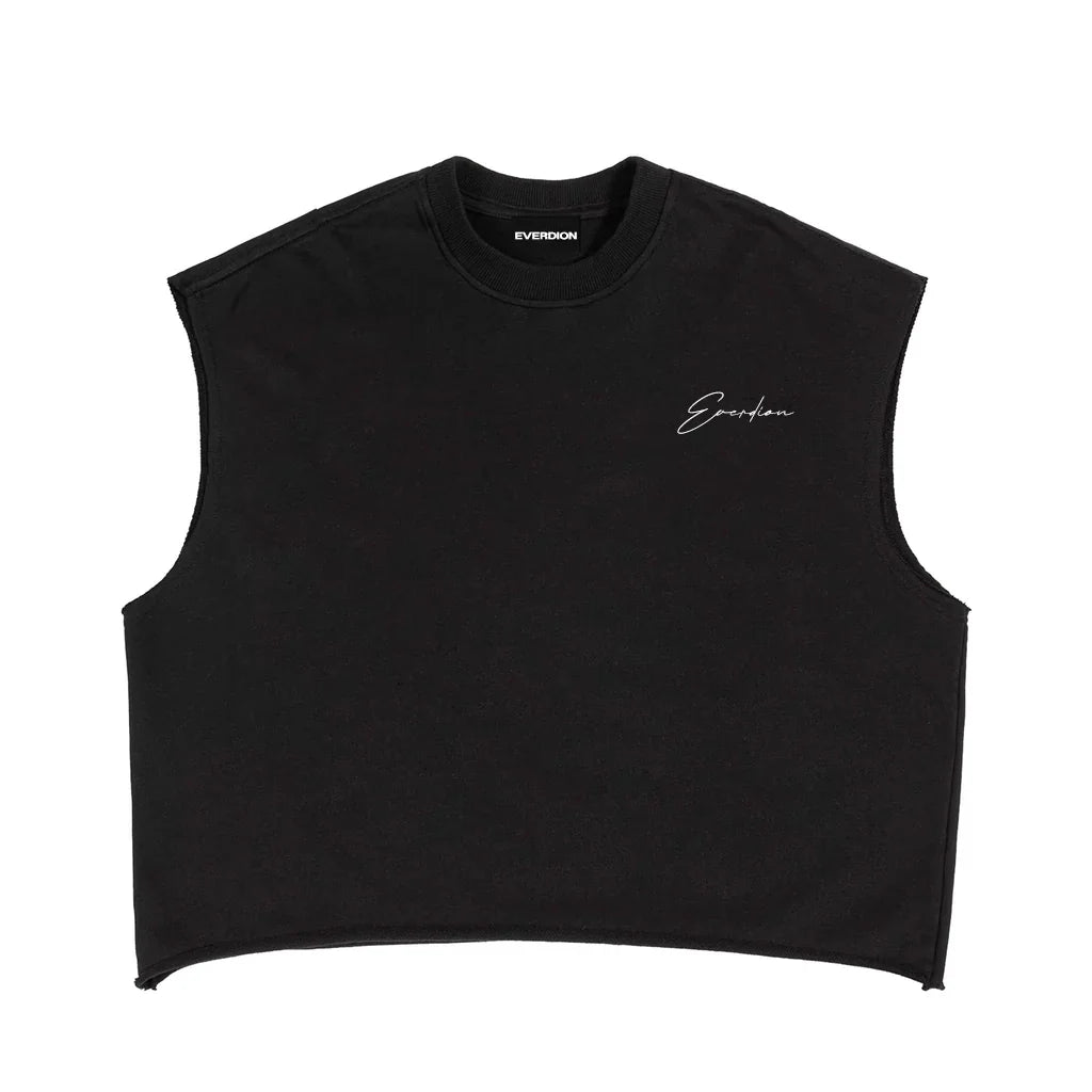 Black sleeveless tank top with branding on a white background
