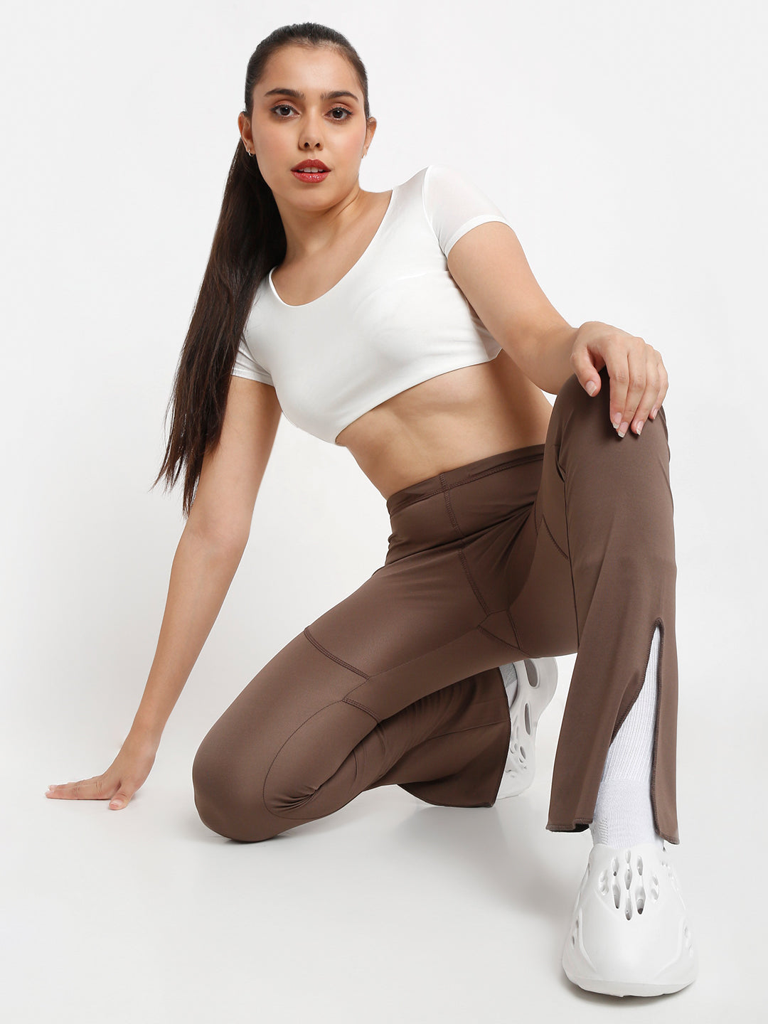 brown side slit flare pants