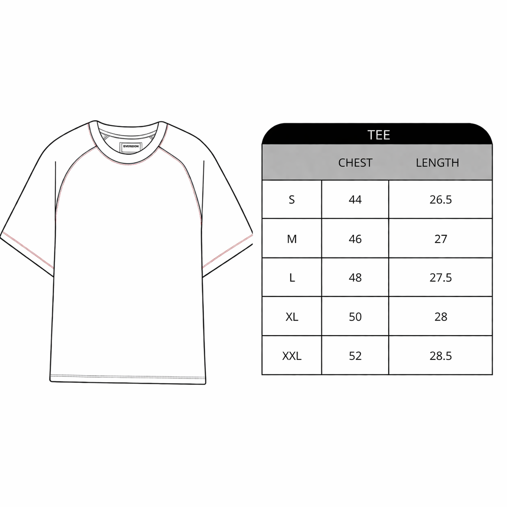 Size chart for Brava Oversize Raglan T-Shirt (Pre-Launch)