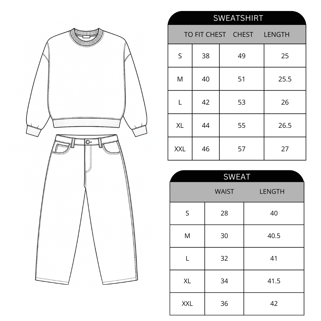 Measurement chart for sweatshirt and pants with size guides.