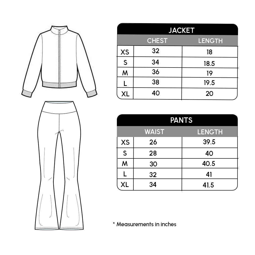 Size chart for Cherry Bloom Jacket & Low-Rise Trackpant 🍒