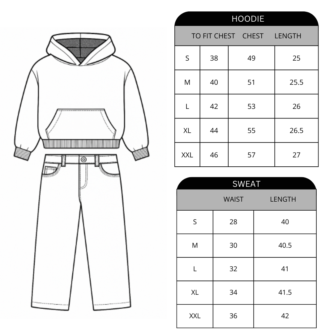 Measurement chart for hoodie and sweatpants with size charts on a white background