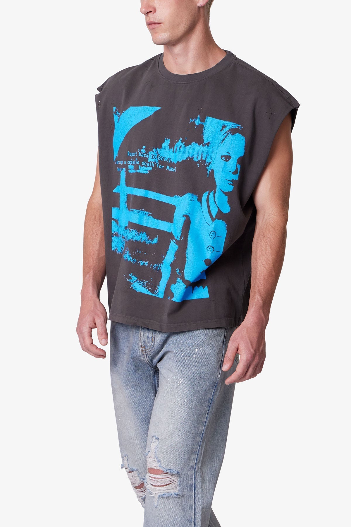 Person wearing a sleeveless black shirt with blue graphic design on a white background