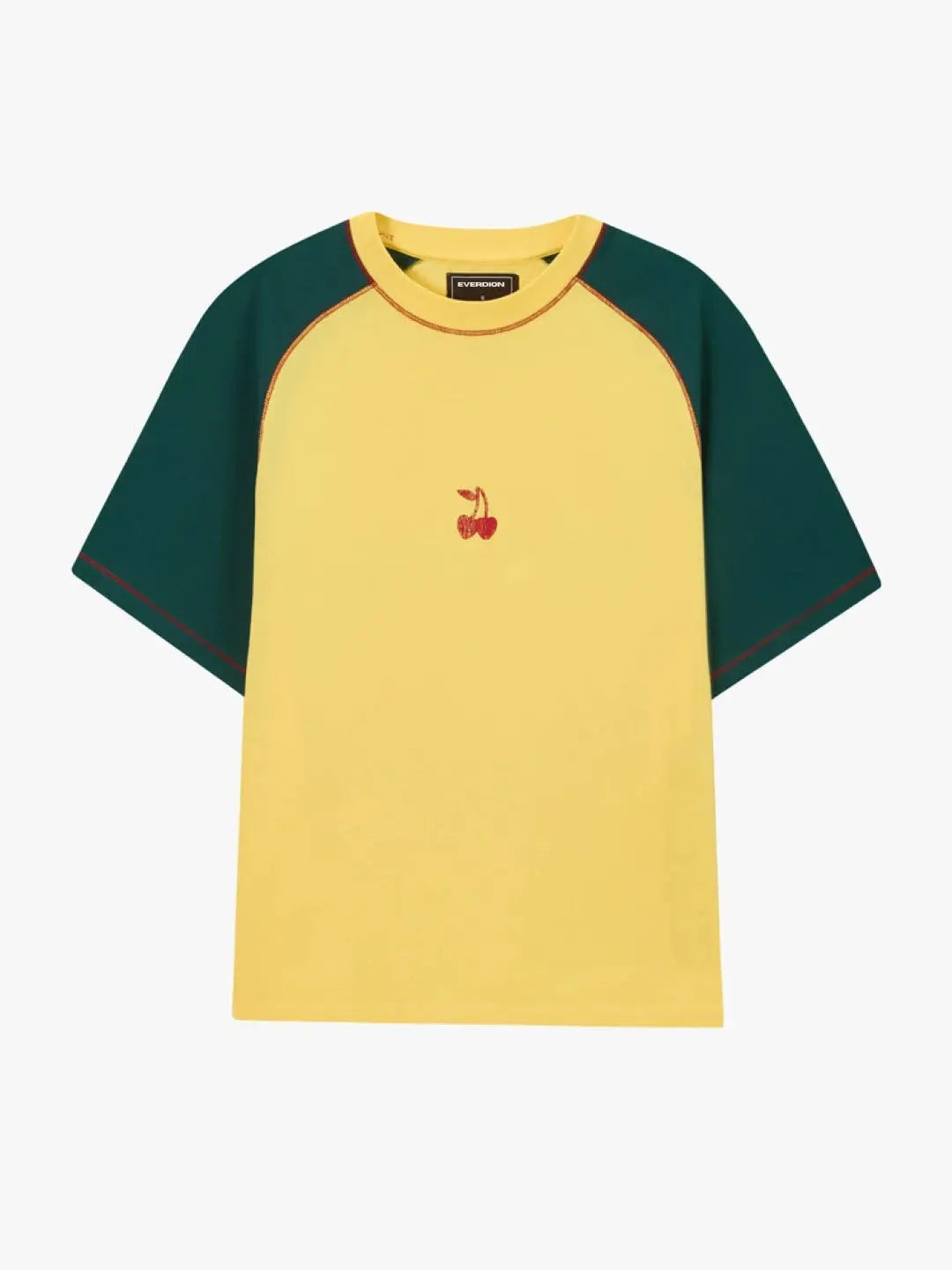 Yellow and green baseball shirt with a red cherry design on a white background
