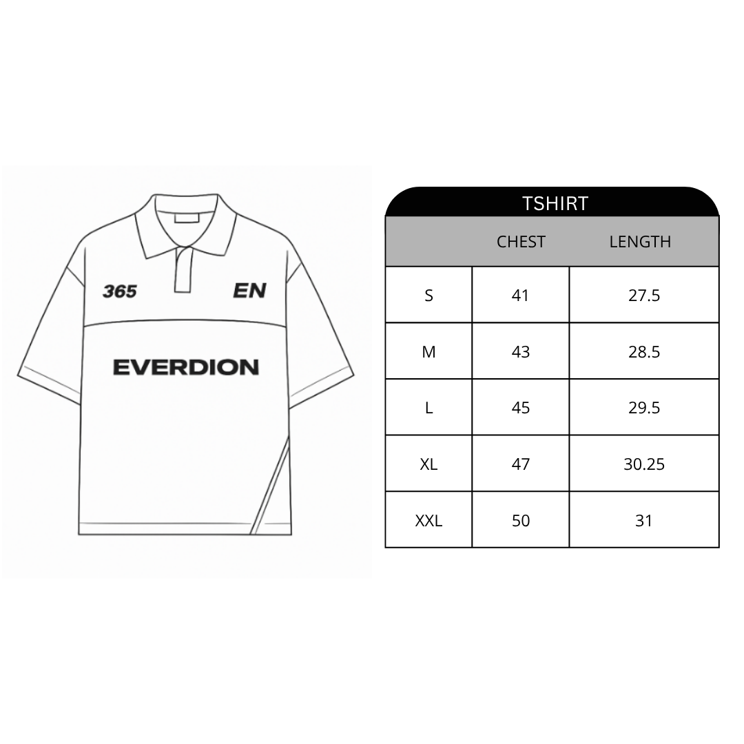 White t-shirt with black text and a size chart on a white background