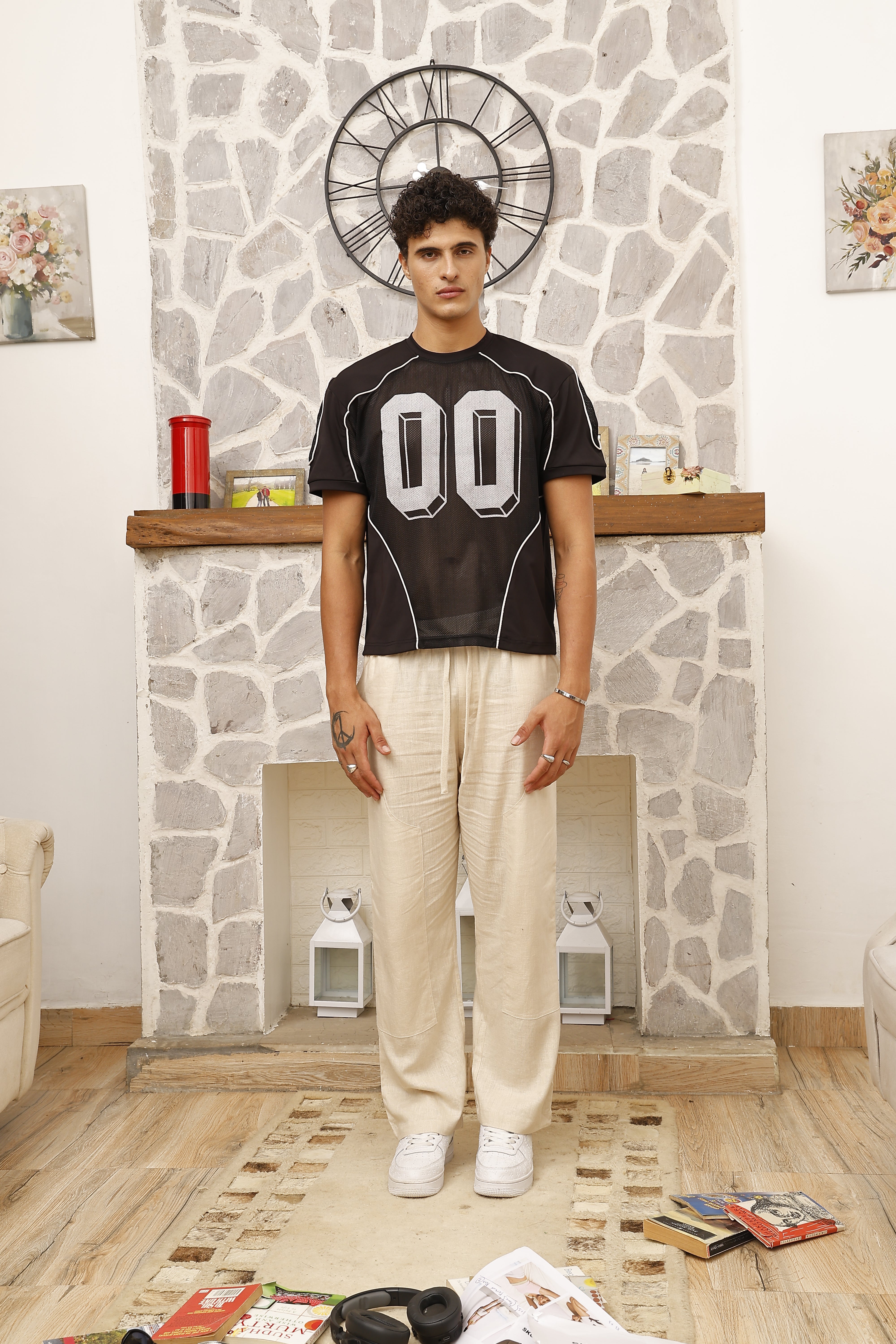 black and white outfit with floral design