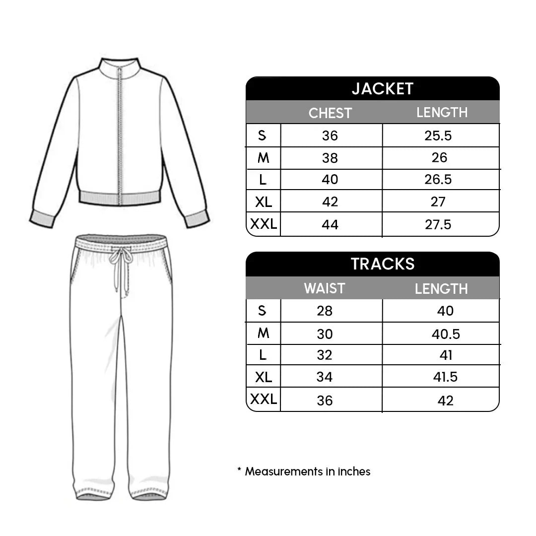 Measurement chart for jacket and tracksuit with size chart on a white background