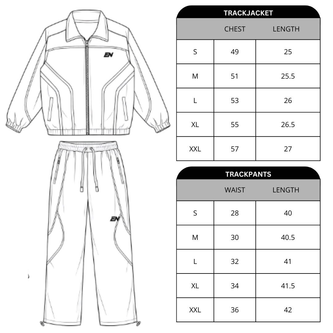 Track jacket and pants with size chart on a white background