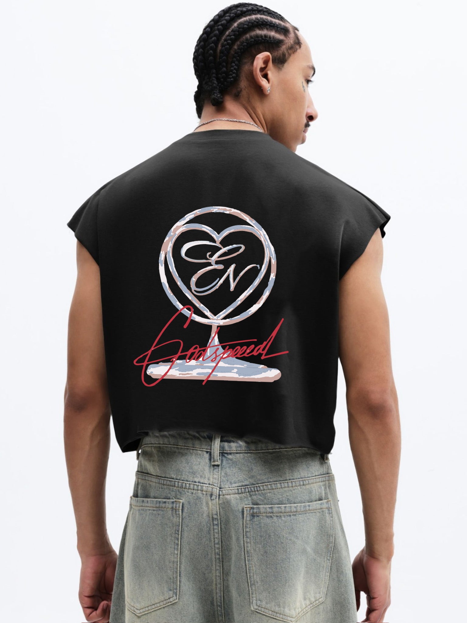Person wearing a black sleeveless shirt with Everdion logo and text on the back, standing against a white background.