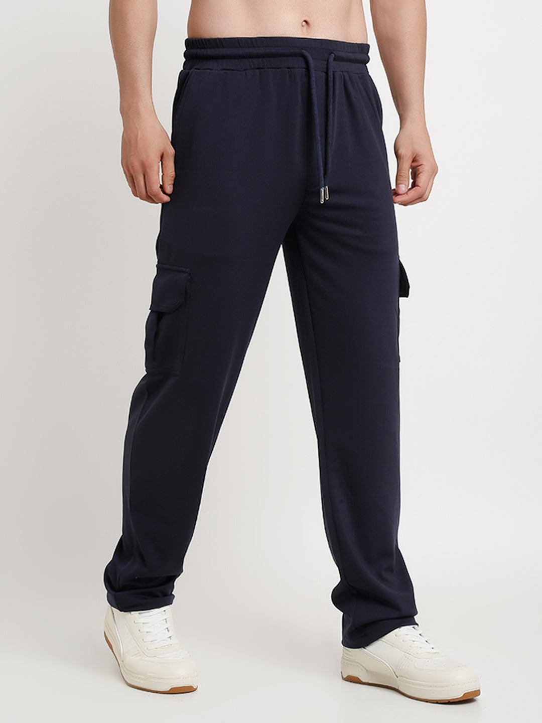 Navy blue slim fit cargo pants with large side flap pockets