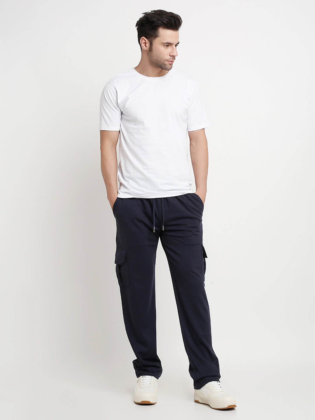 Navy blue slim fit cargo pants with large side flap pockets