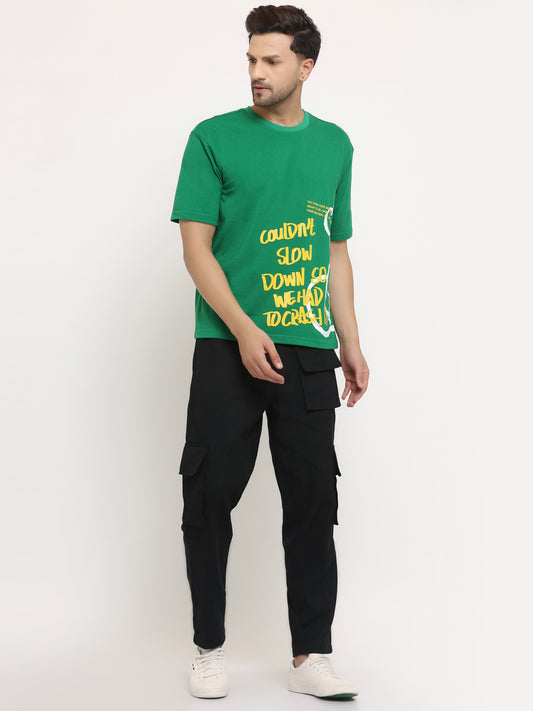 A black slim-fit cargo pants with multiple pockets, featuring an elasticated waistband with a drawstring.