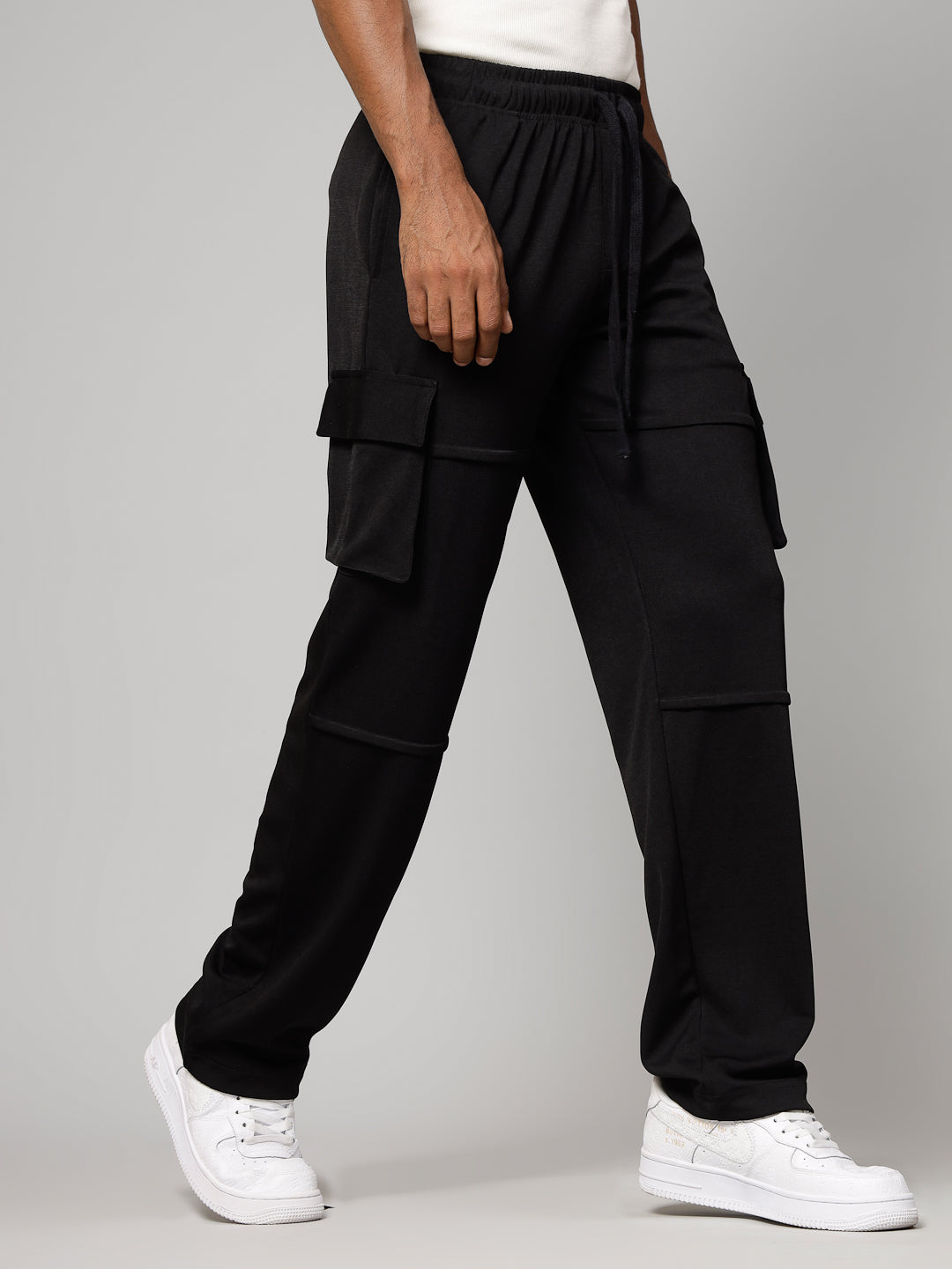 Black Cargo straight-leg pants with large side flap pockets 