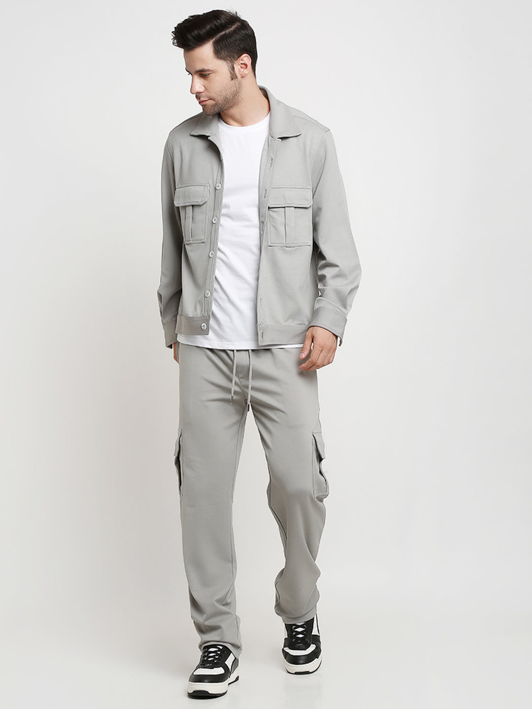 grey cargo utility shacket with a collar, buttons down the front
