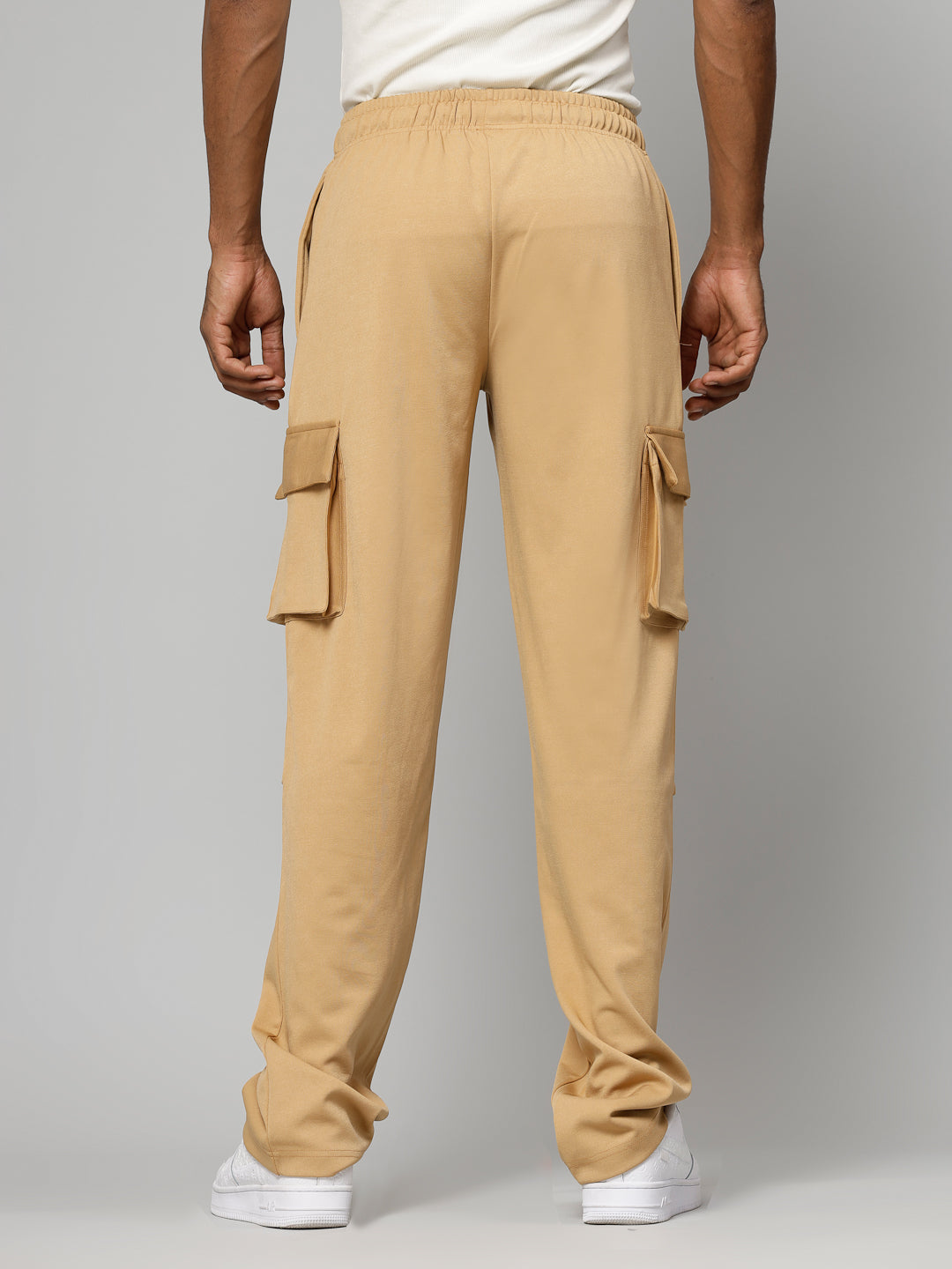 Beige Cargo straight-leg pants with large side flap pockets 