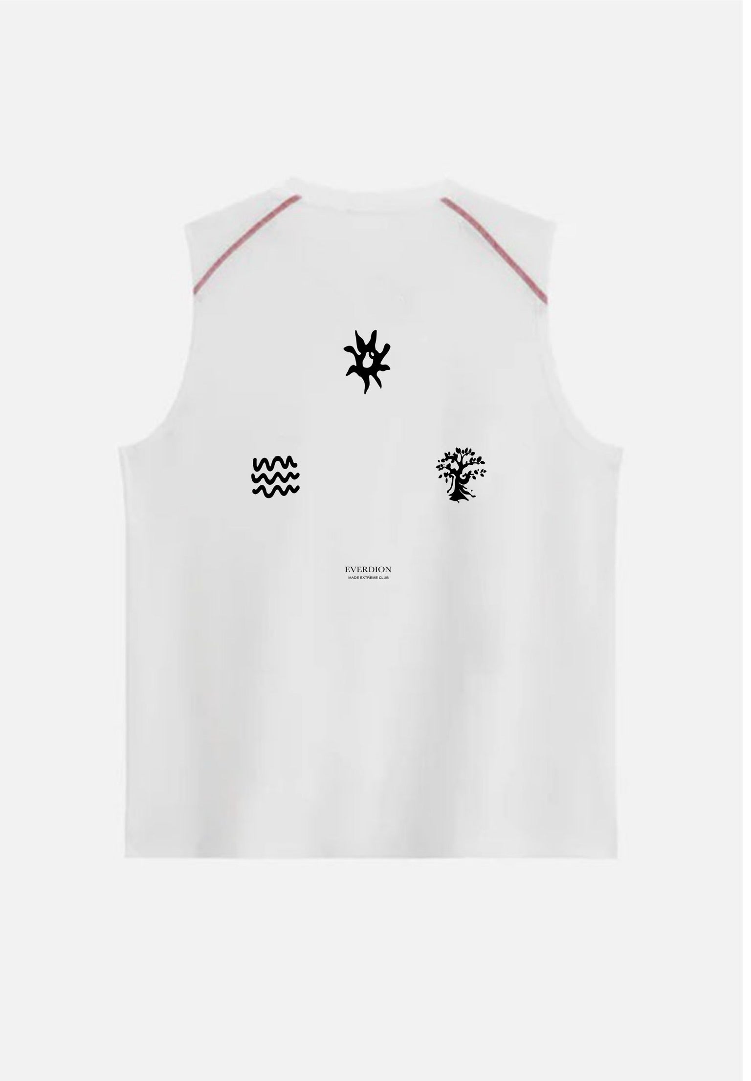 White sleeveless shirt with black graphics on a white background