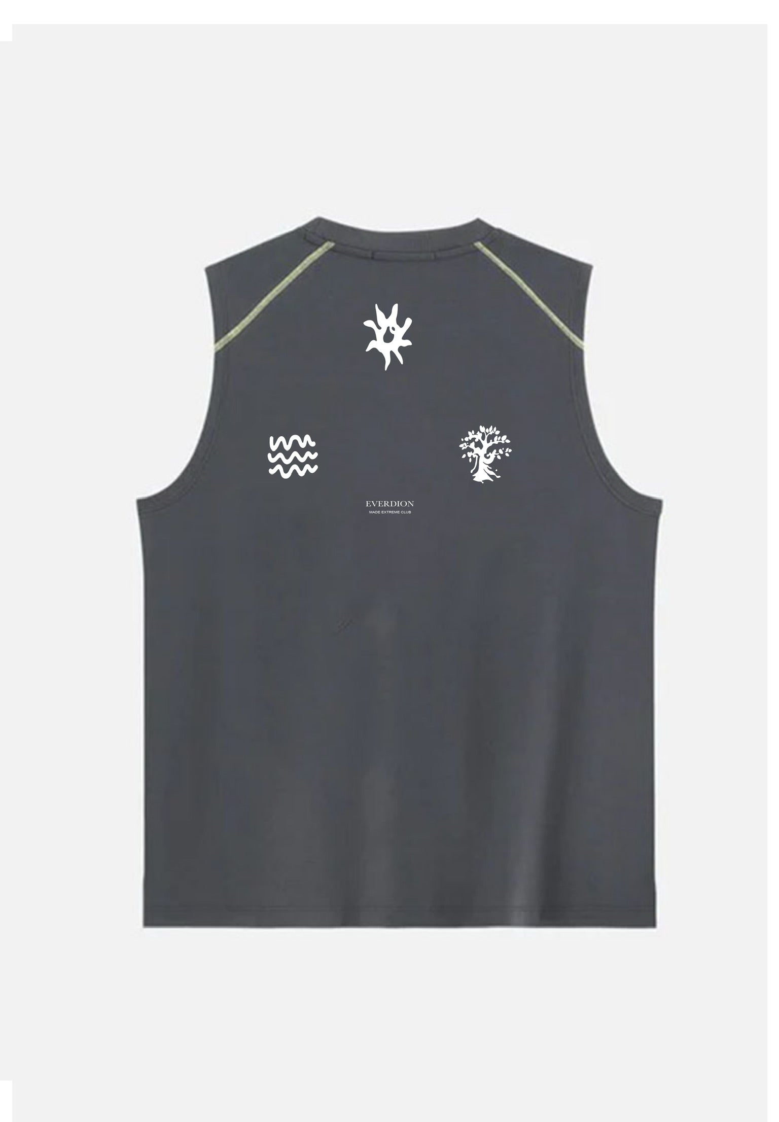 Black sleeveless sweater with a small blue logo on a white background