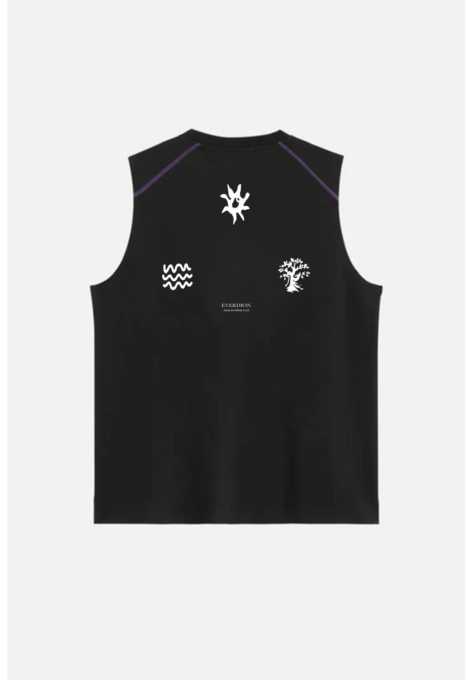 Black sleeveless shirt with white logos on a light grey background