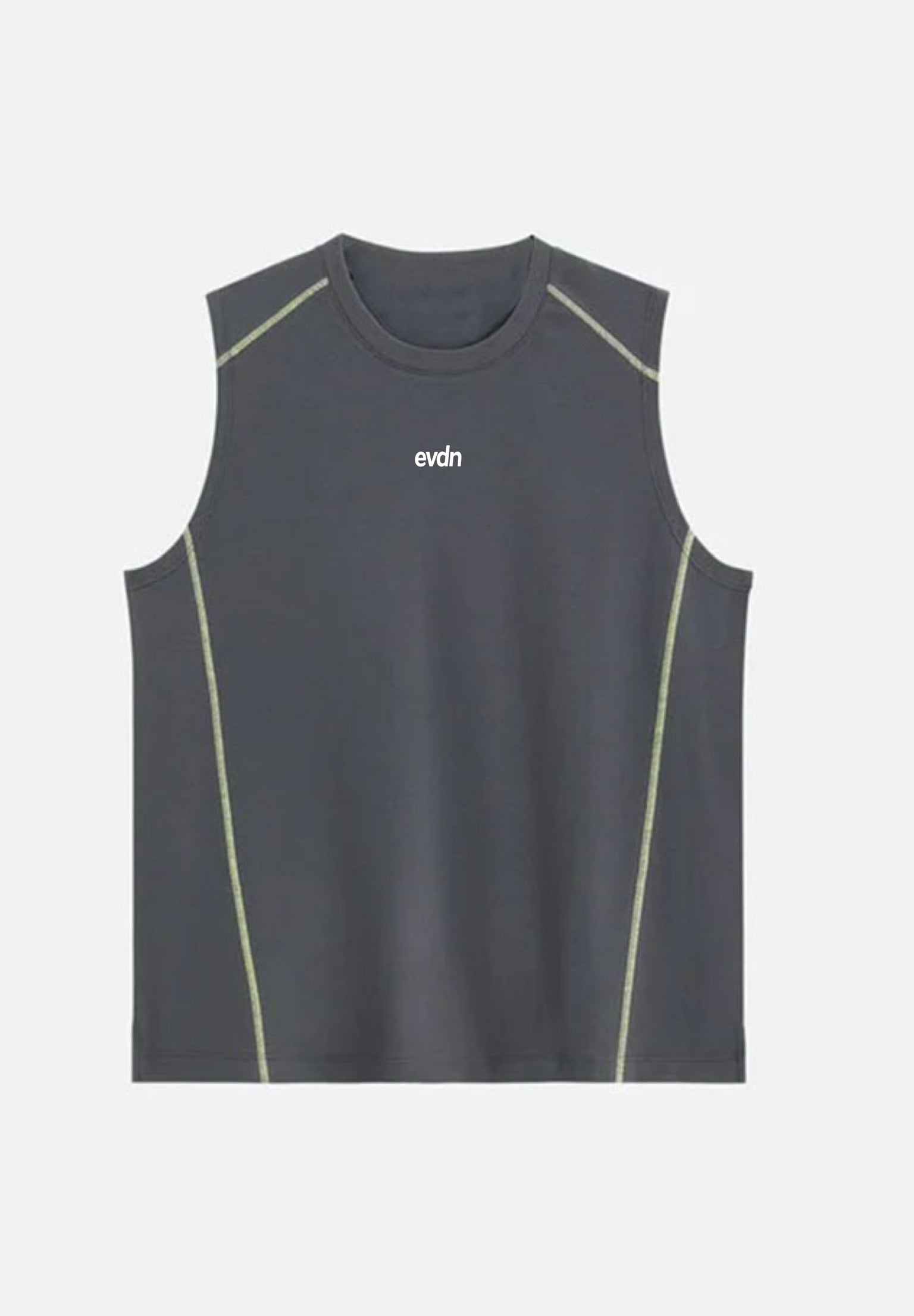 Dark grey sleeveless athletic shirt with 'evdn' logo on a light grey background