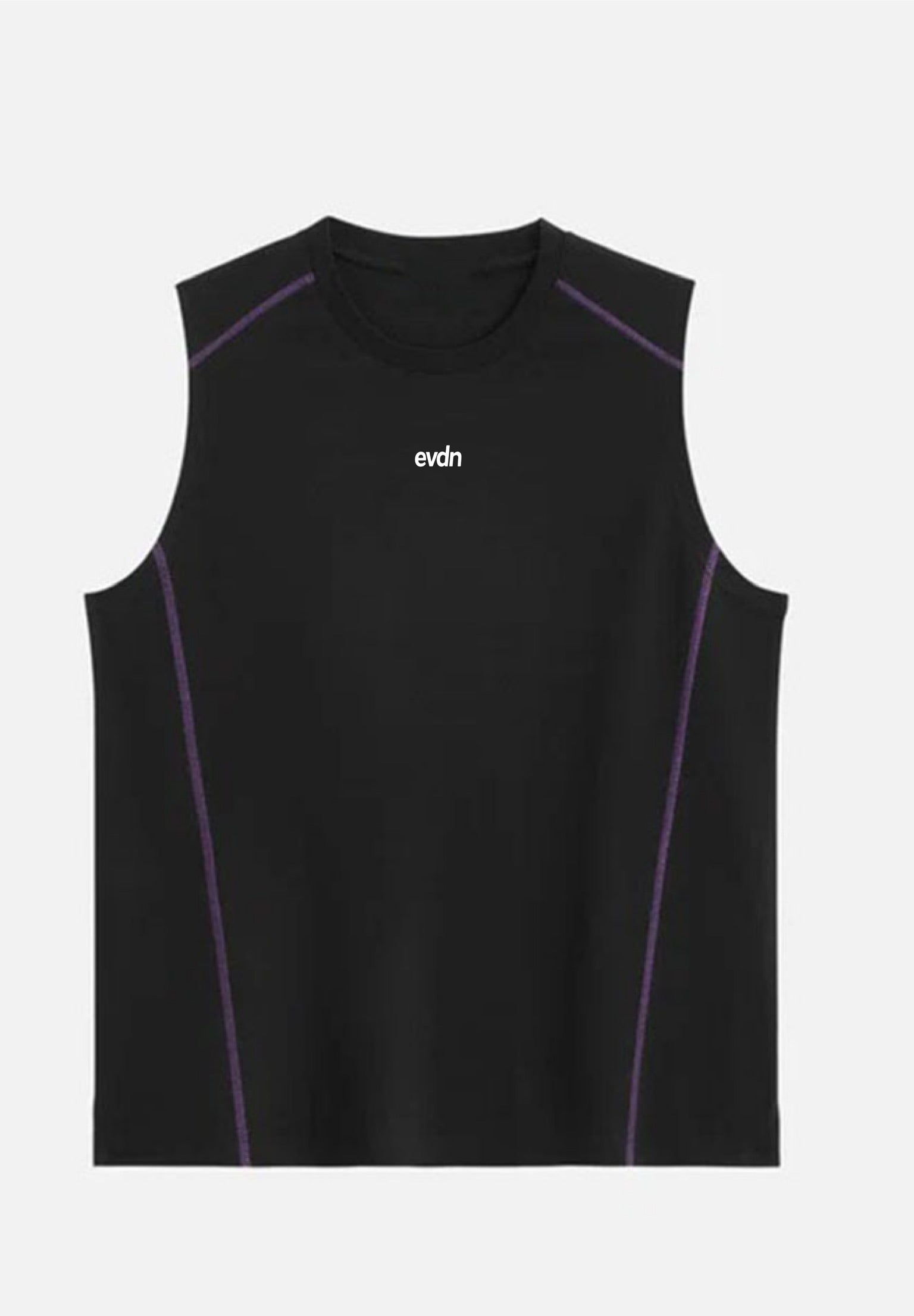 Black sleeveless athletic top with purple accents on a white background