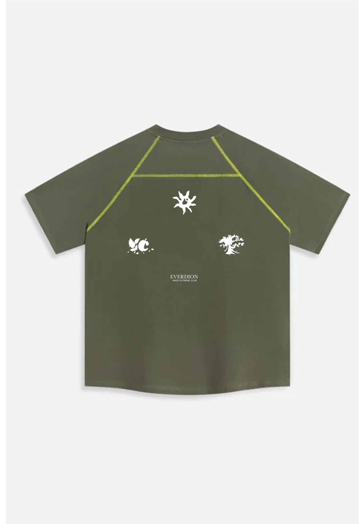 Green t-shirt with white graphics and text on a light grey background