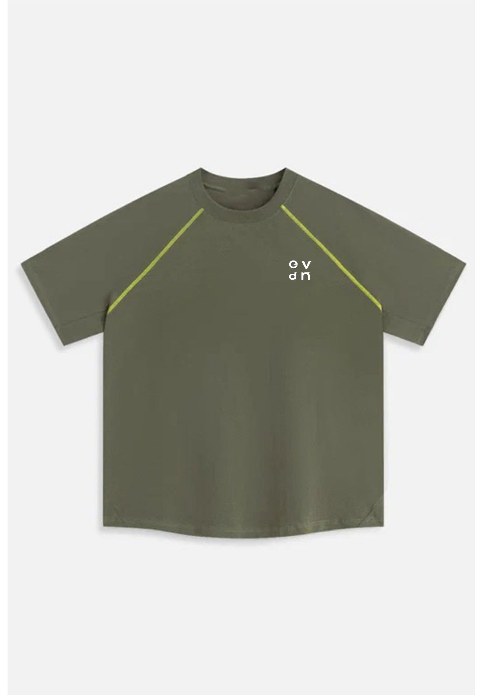 Green t-shirt with yellow accents on a white background