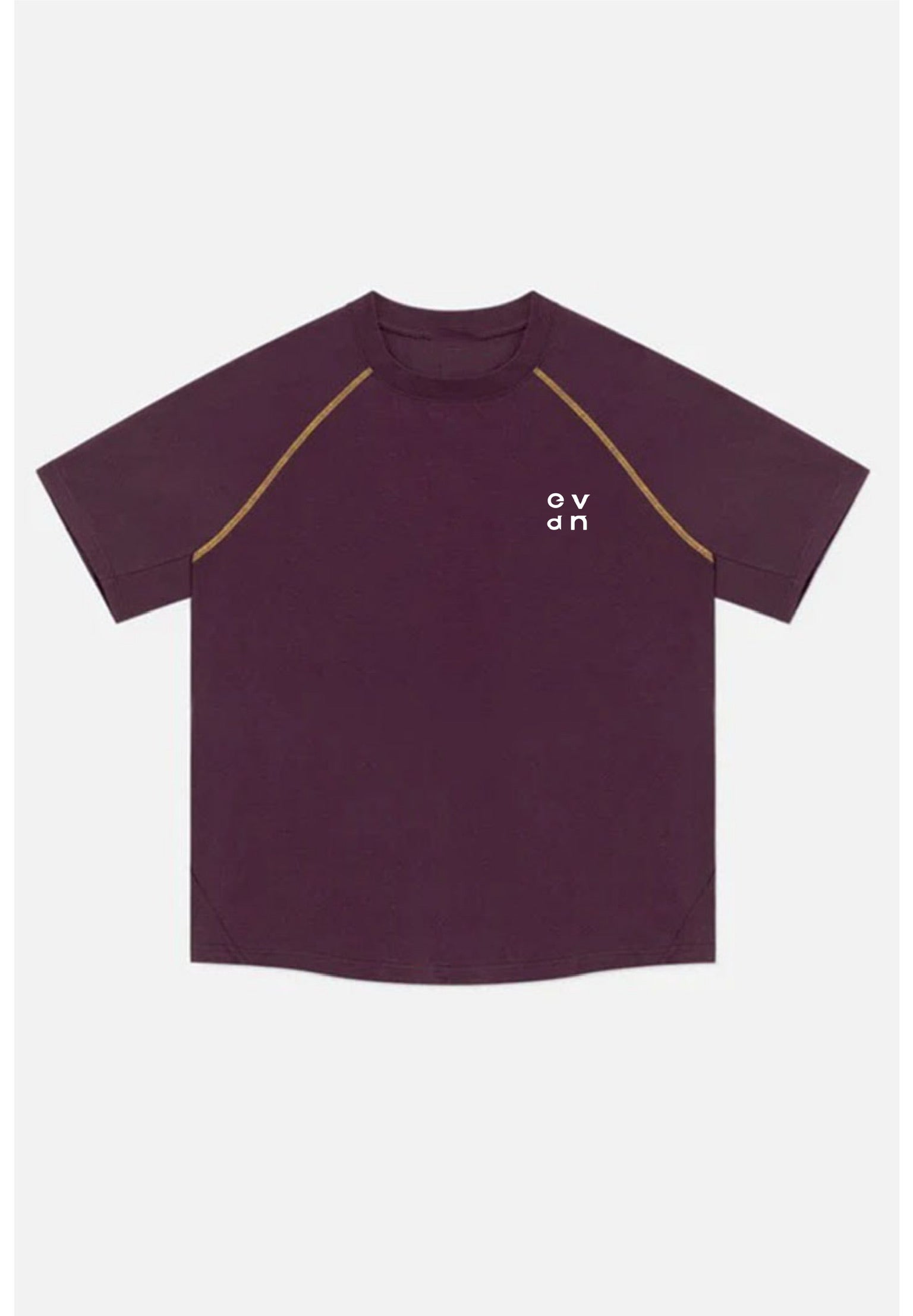 Maroon t-shirt with gold accents on a white background
