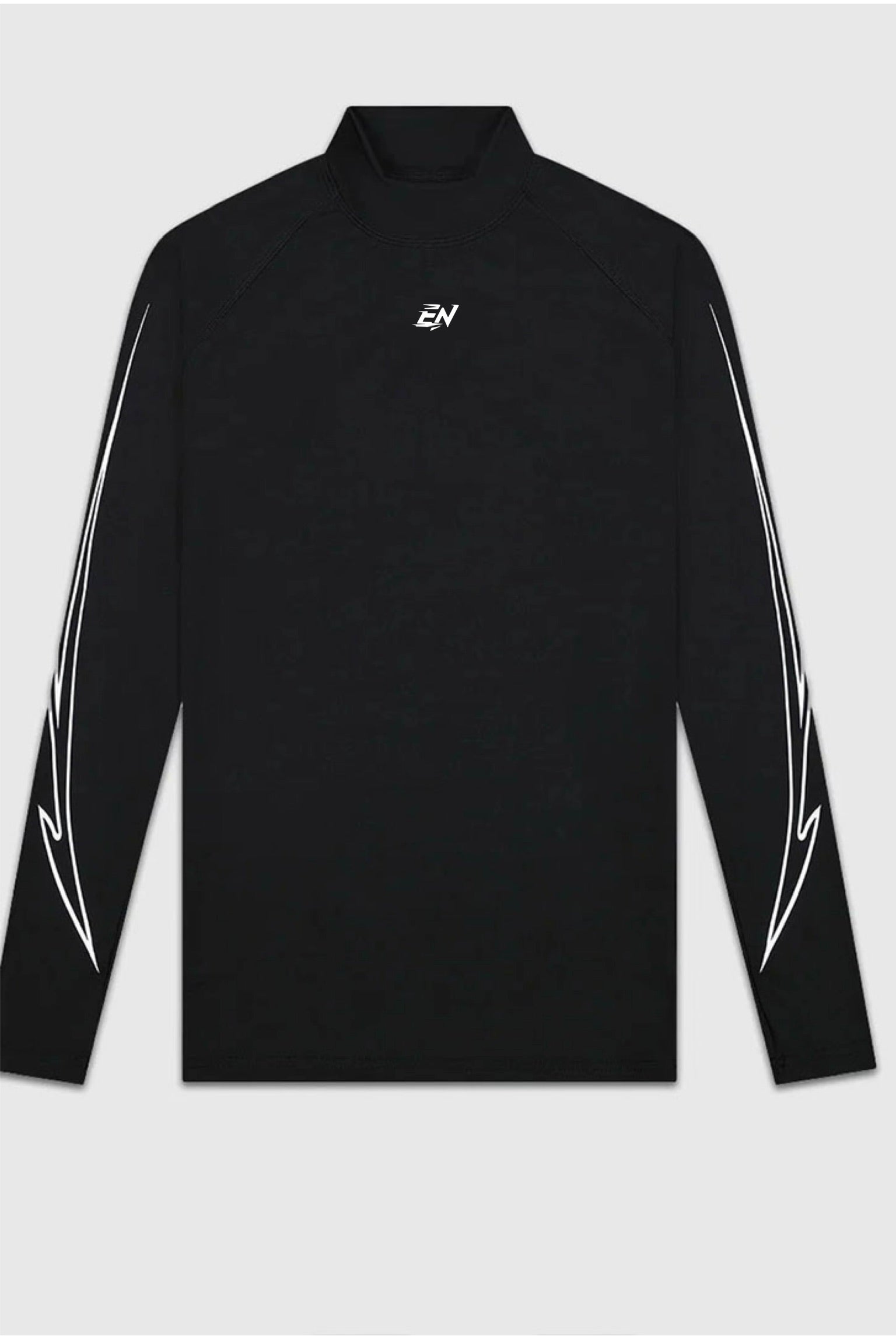 Black long-sleeve shirt with white stripes on sleeves and logo on chest against a light grey background