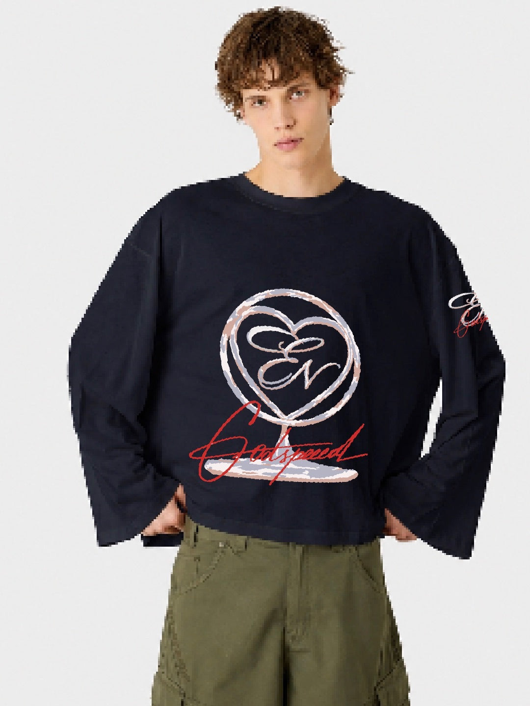 Person wearing a navy blue sweatshirt with a logo and text on a white background