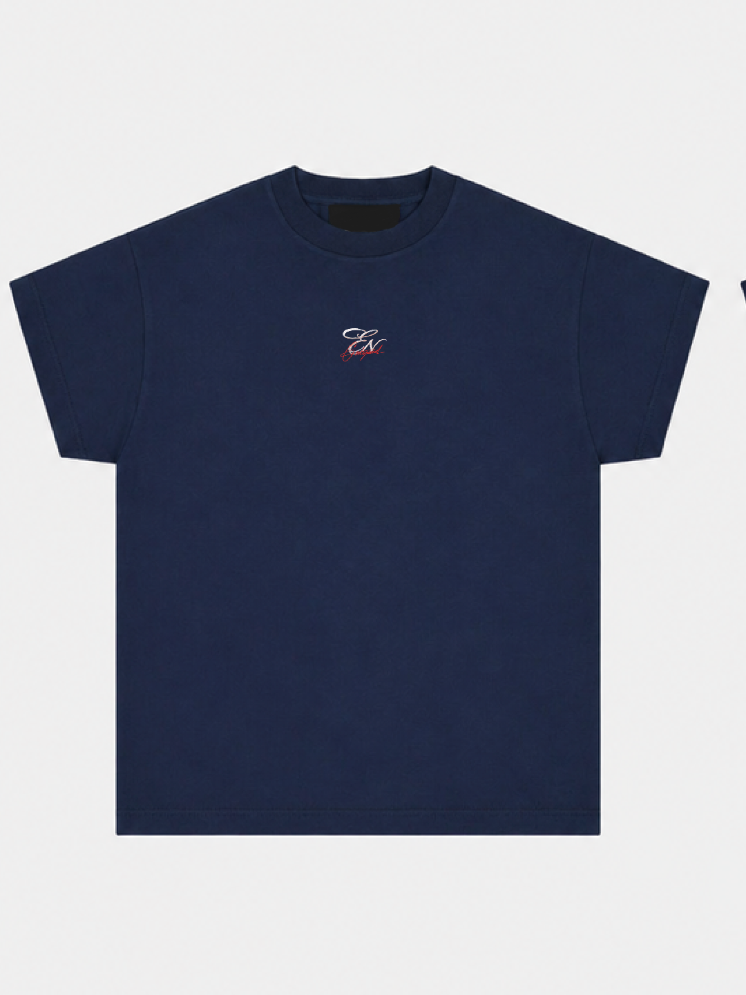Navy blue t-shirt with a small logo on a white background