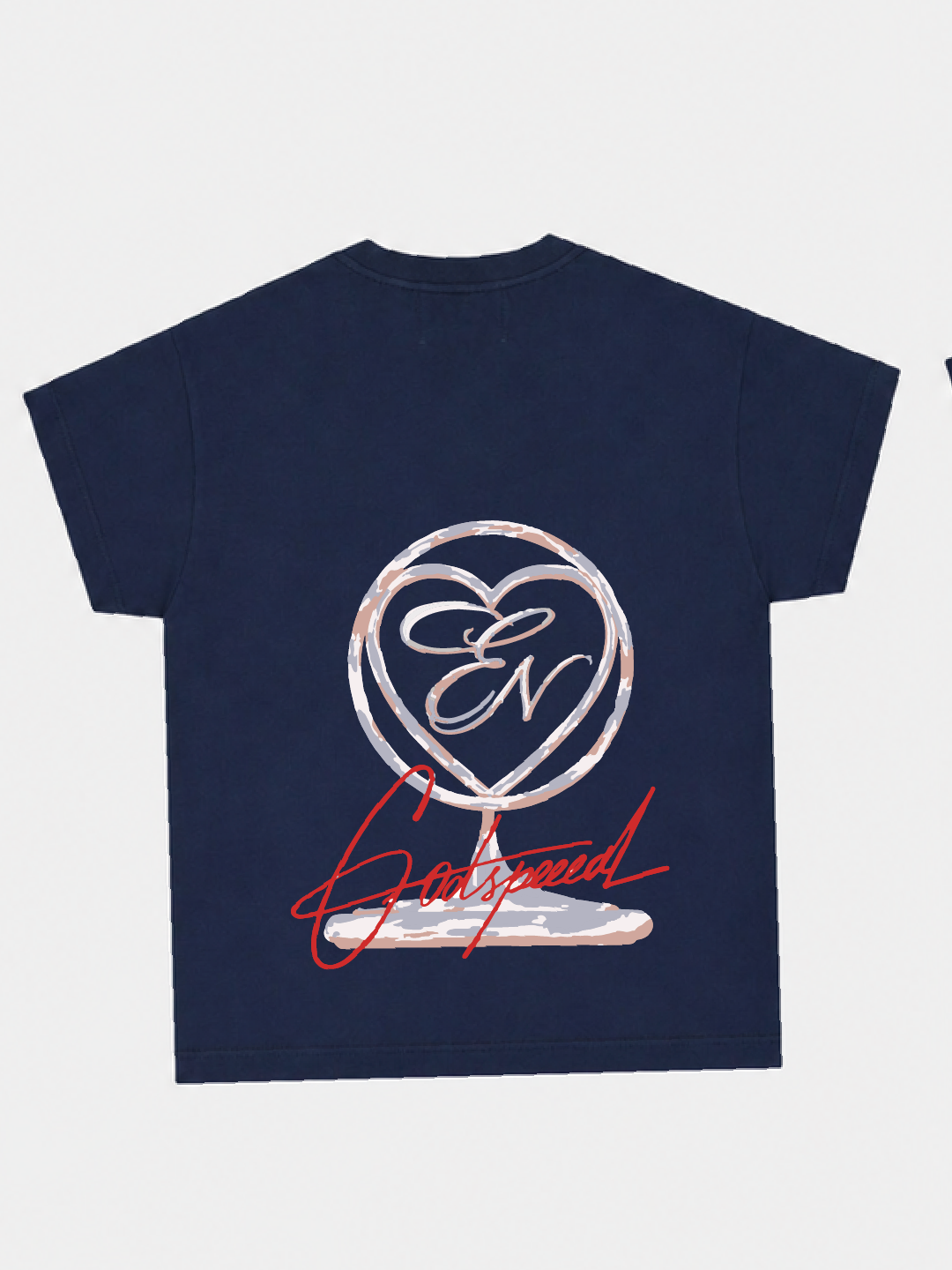 Navy blue t-shirt with a heart-shaped logo and red text on a white background