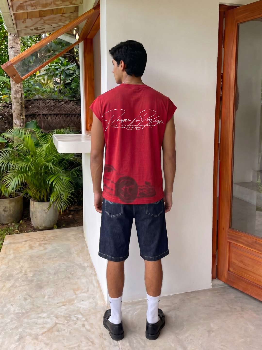 Person wearing a red t-shirt with text and dark shorts standing in front of a house entrance.