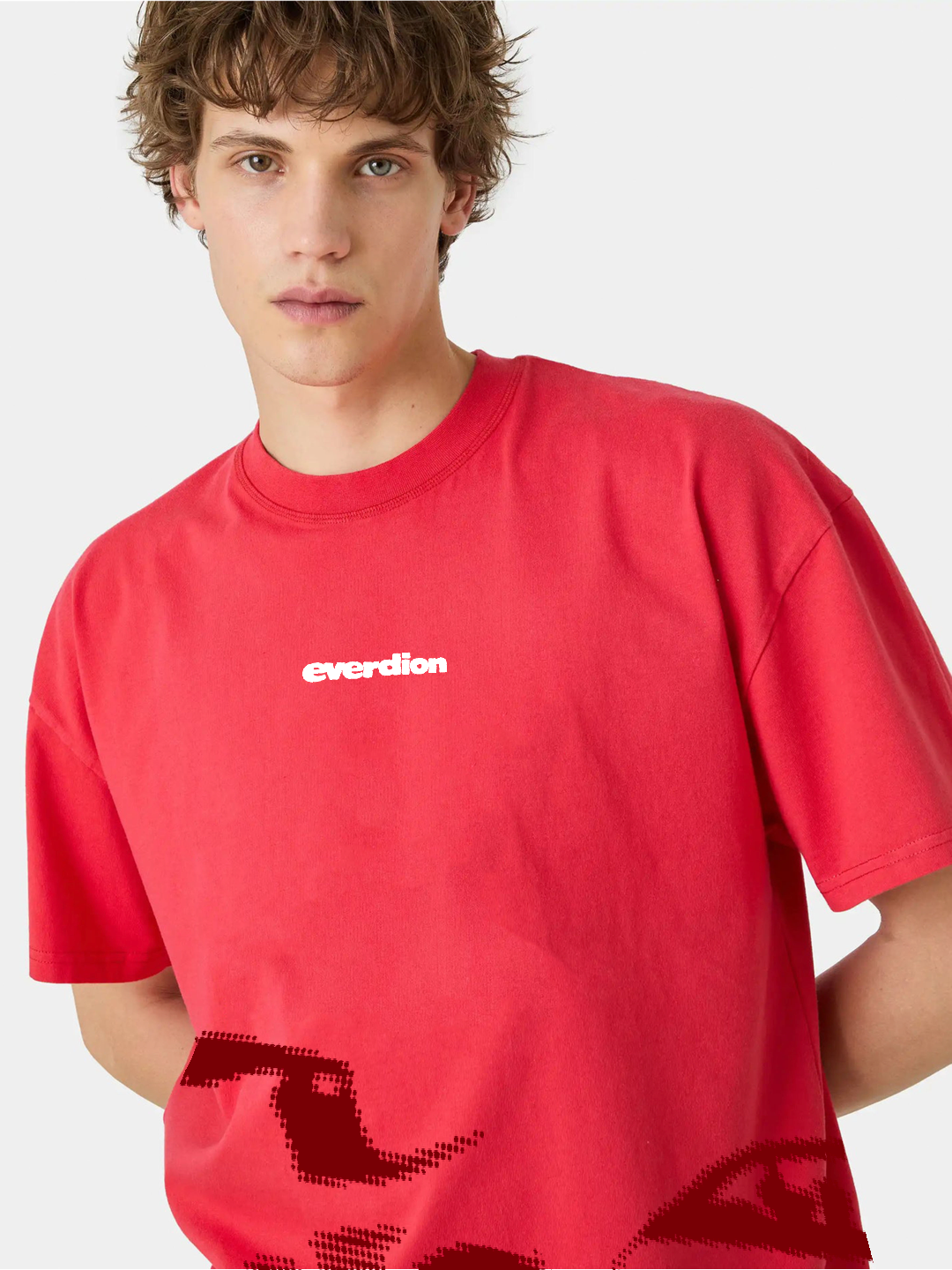 Person wearing a red t-shirt with 'everdion' logo on a white background